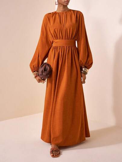 Zivah 20  Autumn Fall New Romantic Vacation Brown Loose Large Swing Pleated Long Sleeve Round Neck Women Maxi Dress, Daily, Shopping, Back To School, Vacation, Party, Gathering, Commuting, Travel,Boho,Nomadic Style-A,Fall Dresses For Women
