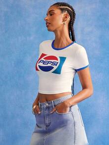 PEPSI X SHEIN 女式撞色字母图案圆领短袖修身短款 T 恤 - 白色 - 查看 3