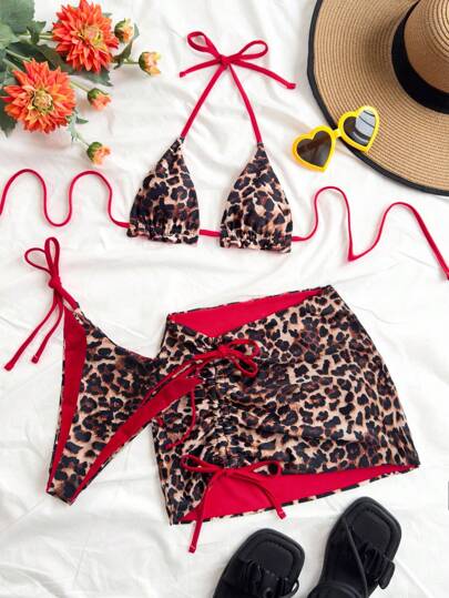 Soleia Plus Size Women's Reversible Leopard Print & Red Color Matching Bikini 3 PiecesBikini Set Set For Summer Beach Vacation Cheetah Print