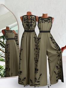 SHEIN Clasi 大码女式时尚印花无袖连体裤，夏季 - 軍綠色 - 查看 1