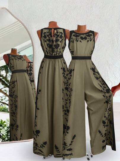SHEIN Clasi Plus Size Women's Fashionable Printed Sleeveless Jumpsuit, Autumn Wide Leg Jumpsuit,Fall Clothes For Women