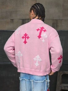 AXEPEAK Áo len nam tay dài cài nút phía trước thời trang thường ngày, áo khoác cardigan màu hồng, cho mùa thu đông - Hồng - Xem 3