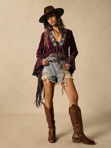 Easelle Vintage Nomadic V-Neck Tie-Up Rose Lace Patchwork Flare Sleeve Loose Women Thin Jacket Western Boho Bohemian Clothes For Women Women Western Wear Free People Witchy Clothes Boho Women S Western Wear Velvet Kimono Jacket Fall Clothes Women Lace Boho Top Velvet Boho Top Bohemian Tops For Women Boho Tops For Women Boho Blouses For Women, - Multicolor - View 5