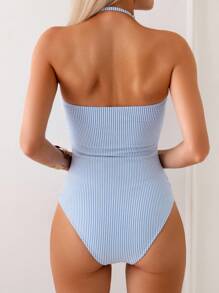 Swim Mod Women's Beach Outfit, Textured Blue & White Striped Fabric, Fashionable Resort Casual Sweet Style, Strapless Detachable Shoulder Straps Ruffle Hem One-Piece Swimsuit - Blue and White - View 2