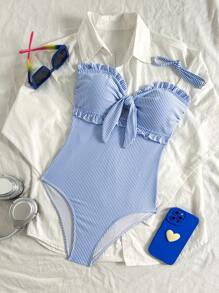 Swim Mod Women's Beach Outfit, Textured Blue & White Striped Fabric, Fashionable Resort Casual Sweet Style, Strapless Detachable Shoulder Straps Ruffle Hem One-Piece Swimsuit - Blue and White - View 1