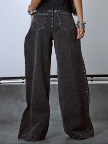 MUSERA 铆钉缝线深色水洗宽松牛仔裤，适合伊比沙岛音乐节、锐舞派对、Y2K 风格、性感铬色、外出、夜生活、牛仔、秋季、街头服饰、颓废风、俱乐部、秋季。服装、女装、女式服装、衬衫、女士服装、女式服装。时尚 - 灰色 - 查看 5