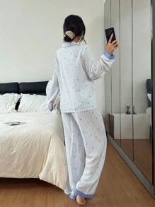 女士竖条纹爱心印花纽扣上衣和裤子睡衣套装，秋冬条纹睡衣爱心印花睡衣套装女士纽扣睡衣套装 - 淺藍色 - 查看 2