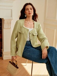 Penseblé Elegant Sage Green Autumn Tweed Long Sleeve Jacket For Women,Faux Pearl Buttons Square Collar Fall Cloth,Suitable For Tea Party,Banquet & Wedding - Green - View 3