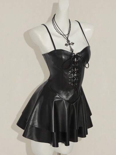 SHEIN ICON Women's Y2K Fashion Club Party Festival Outfit Clubwear Backless PU Leather Mini Slip Dress, Black Lace Up Corset Gothic Summer Clothes Top