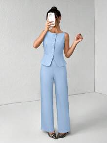 SHEIN PETITE 女士纯色圆领单排扣背心和裤子优雅通勤套装，夏秋季女装女套装办公室装商务休闲女两件套秋季女装办公室装女套装女式西装套装