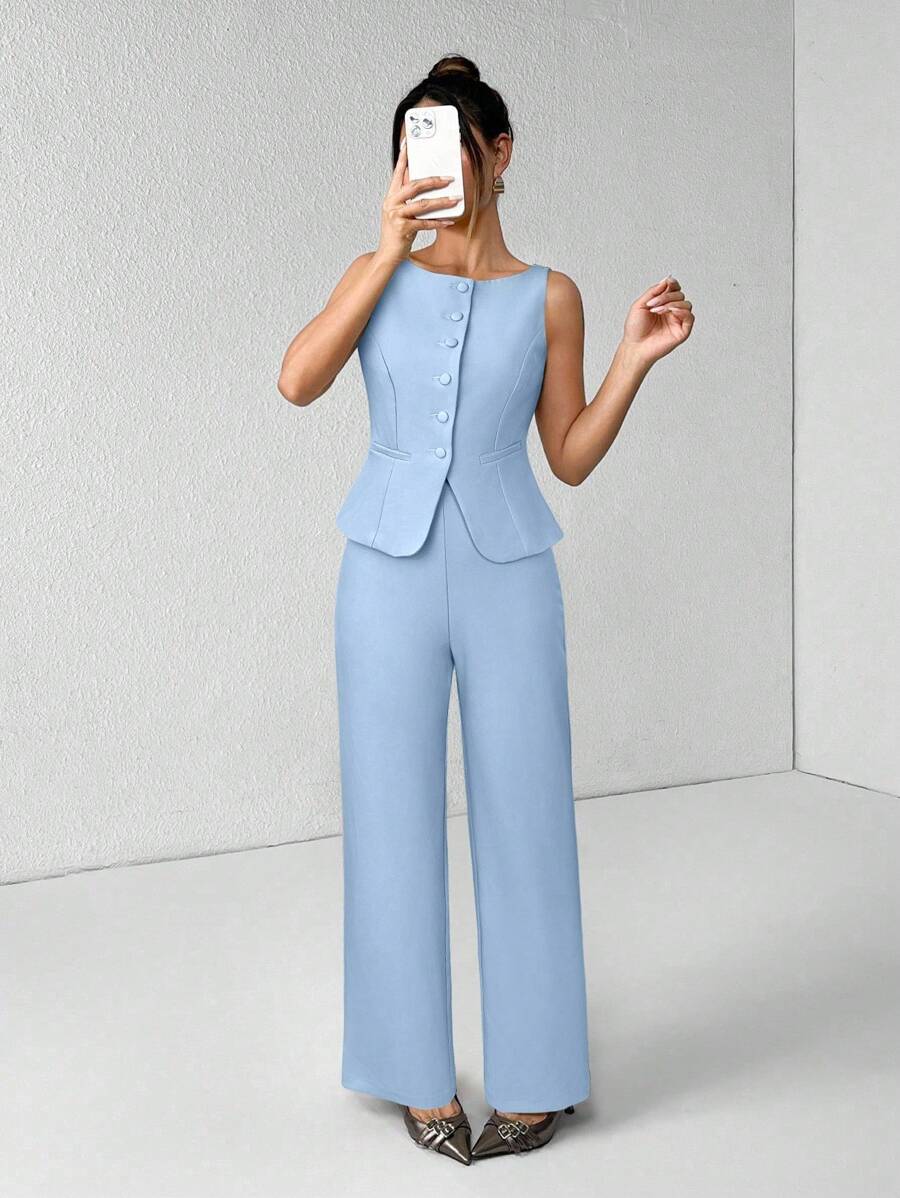 SHEIN PETITE 女士纯色圆领单排扣背心和裤子优雅通勤套装，夏秋季女装女套装办公室装商务休闲女两件套秋季女装办公室装女套装女式西装套装