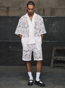 AXEPEAK Men's Summer Holiday Milk Silk Embroidered Textured Hollow-Out Casual Short Sleeve Shorts Set