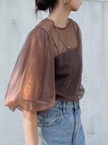 FRIFUL 女式纯棕色圆领泡泡袖透视网眼宽松休闲分层上衣 - 咖啡棕 - 查看 4