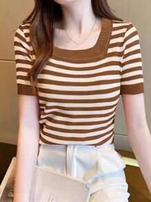 EMERY ROSE 女士短袖简约条纹针织上衣，休闲日常穿着 - 咖啡棕 - 查看 3