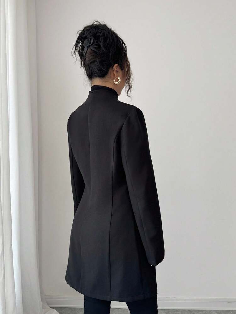 SHEIN Tall 女士休闲立领羊毛混纺修身夹克 - 黑色 - 查看 2