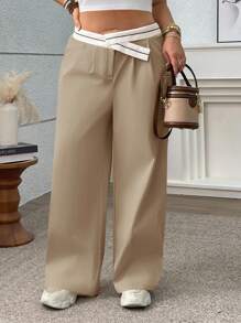 Plus Size Women Contrast Color Pleated Wide Leg Loose Casual Beach Pants - Ginger - View 1