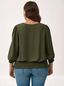 SHEIN LUNE Plus Size Casual Solid Color Lantern Sleeve Blouse, New Years Holiday Green Top,Fall Clothes For Women