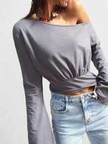 Bohemela 波西米亚风美式休闲纯色针织单肩喇叭袖女式T恤 - 灰色 - 查看 5