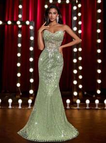 Glamrae 奢华串珠紧身胸衣，胸部褶饰，腰部手工装饰，可调节系带后背，美人鱼轮廓正式晚礼服（重装饰） - 綠色 - 查看 3