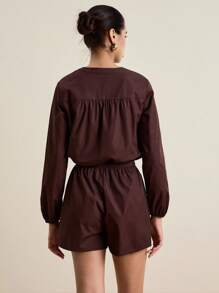 INAWLY Casual Solid Color Waist Cinched Romper Fall Cloth For Women - Brown - View 2