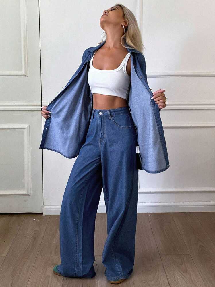 Livesso 女士宽松衬衫和休闲牛仔裤套装 - 藍色 - 查看 4