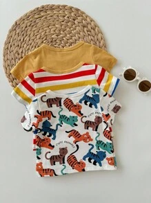 Baby Boy 3pcs Striped & Cartoon Graphic Tee