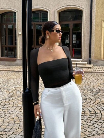 Dripcurv 大码女式黑色网眼衬垫胸部修身T恤