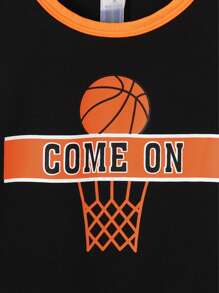 SHEIN 年輕男孩籃球字母圖形對比綁定背心上衣和短褲 - 黑色 - 查看 3