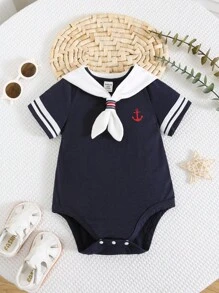 Newborn Baby Boy/Girl Casual Everyday Interesting Campus Sailor Collar Bodysuit, Short Sleeve, Suitable For Spring & Summer - Blue - View 6