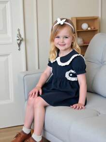 Souflis Souflis Baby Girl Elegant Academy Sweet Navy Blue & White Ruffle Peter Pan Collar Puff Sleeve Dress, Suitable For School, Everyday Wear, And Photos, Summer - Navy Blue - View 4