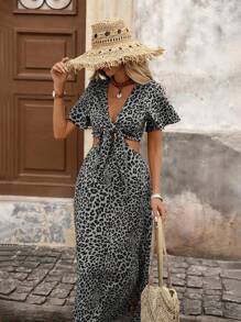 Brillora 女式编织豹纹腰部镂空短袖修身连衣裙 - 黑與白 - 查看 7