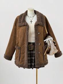 Sweetra Plus Size New Elegant Deer Velvet Thermal Lined Reversible Long Sleeve Short Jacket For Women, Thickened Double-Sided Wear Coat, Winter Fall Autumn