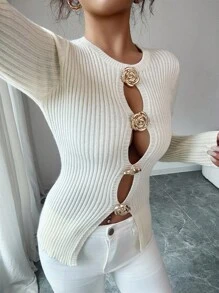 Selianne 奶油黄色长袖圆领腰饰纽扣优雅浪漫精致女士毛衣针织套头衫秋冬 - 奶油色 - 查看 4