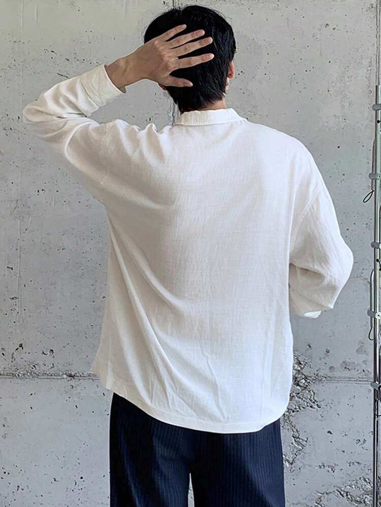 Men's Embroidered Pattern White Half-Placket Polo Collar Shirt, Spring/Summer