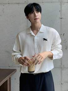 DAZY 男式刺绣图案白色半襟 Polo 领衬衫，春夏 - 白色 - 查看 6