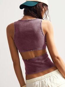 Bohemela 休闲复古美式露背纯色针织方领金属镂空设计修身短款女式背心 - 酒紅色 - 查看 1