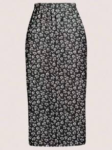 EMERY ROSE 大码夏季休闲碎花开衩裙 - 黑色 - 查看 2