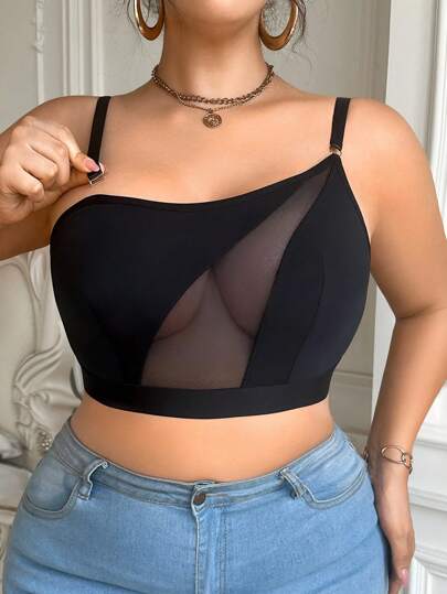 SHEIN 加大码舒适网眼拼布透明前钩吊带背心