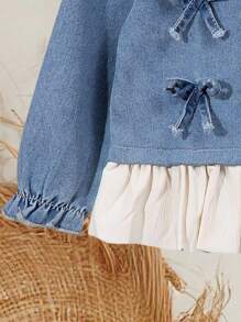 SHEIN Vintaside Kids 女宝宝韩版优雅3D蝴蝶结时尚套装，秋冬 - 藍色 - 查看 5