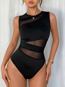 Islaluna Elegant Sexy Fashion Black Round Neck Sleeveless Bodysuit, Geometric Mesh Splice Slim Fit Knit Bodysuit For Women, Spring/Summer