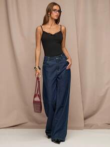 SHEIN BAE 女式黑色性感纯色细肩带蕾丝拼接蝴蝶结紧身衣，秋季上衣，百搭黑色上衣，女式休闲上衣，女式背心上衣，黑色紧身衣 - 黑色 - 查看 6