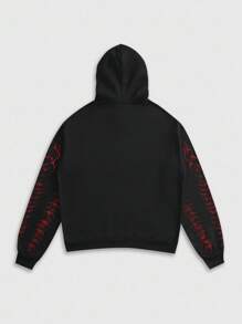 ROMWE MEN Goth Men's Drop Shoulder Long Sleeve Drawstring Hoodie, Loose Fit Fleece Sweatshirt , Fall Winter - Black - View 2