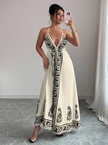 Selianne Floral Print Deep V-Neck Dress For Women Summer Dress Clothes For University