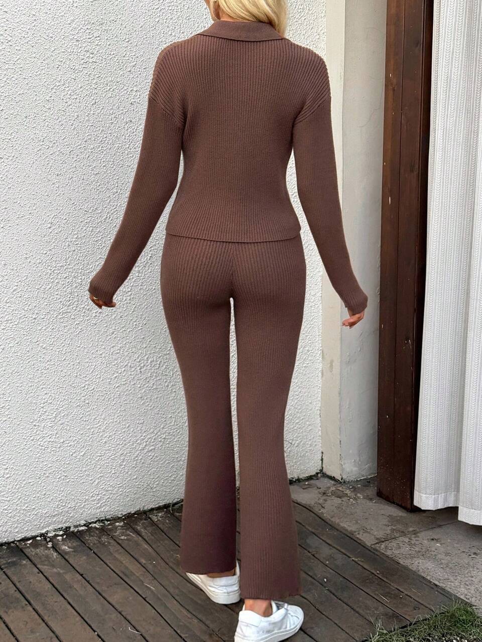 Women's Shades Of Brown Half-Button Knit Sweater And Pants Two Pieces Set,Autumn Casual Lounge Slim Fit Solid Ribbed Knitwear,Button Front Clothes