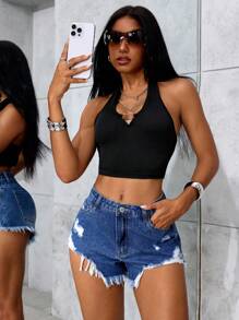 SHEIN ICON Letnie, swobodne, sprane, zniszczone szorty dżinsowe - Średni jeans - Zobacz 2
