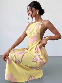 Firerie 女士纯色休闲细肩带露背花卉印花宽松夏威夷度假太阳裙，黄色黄油黄色女士夏季连衣裙 - 黃色 - 查看 9