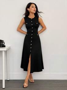 SHEIN PETITE 新款春夏休闲优雅圆领无袖包边装饰金属扣鱼尾裙开襟包臀裙黑色纹理针织面料女长裙-B，商务休闲女装