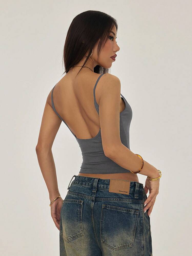 SHEIN PETITE Dark Grey Spaghetti Strap Knit Cami Top With Backless Casual Style,Sexy Top Y2k Clothes Women Tops Backless Tops Low Back Top Low Rise Jeans Y2k Jeans Top Y2k Top - Dark Grey - View 8