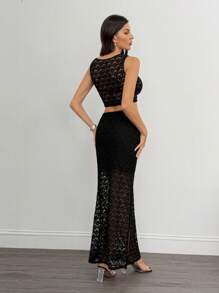 SHEIN Tall Women's Vacation Knit Crochet Vest And Split Hem Skirt Set, Bohemian Style For Music Festival - Black - View 2