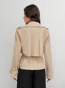 SHEIN Tall 秋冬女士纯色翻领插肩袖短款风衣系腰夹克 - 駝色 - 查看 2